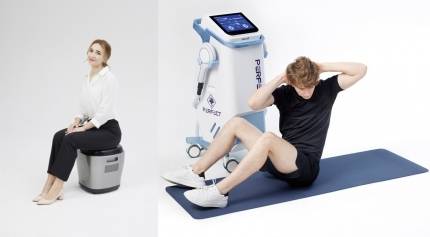 요실금 치료기 ‘UI큐브’(왼쪽)와 코어 근력 강화기 ‘퍼펙트’. /사진제공=리메드