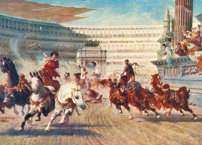 올림픽 정신은 ‘국제 평화 증진’에 있다고 하지만, 현실과 이상엔 늘 차이가 난다. 고대 그리스에서 열린 올림픽에서도 마찬가지였다. 가장 인기 있는 경기였던 마차 경주에서 참가자들은 자신의 경제력을 과시하고, 이를 통해 권력과 영예를 얻으려 했다. 순수하지 않은 목적으로 스포츠를 악용해 개인과 국가 모두에 해로운 결과를 가져오기도 했다. 19세기 헝가리 화가 알렉산더 폰 바그너의 그림 ‘전차 경기’. 고대 로마 제국의 전차 경기장 ‘키르쿠스 막시무스’에서 참가자들은 전차 바퀴가 떨어질 정도로 치열하게 달린다. /게티이미지코리아