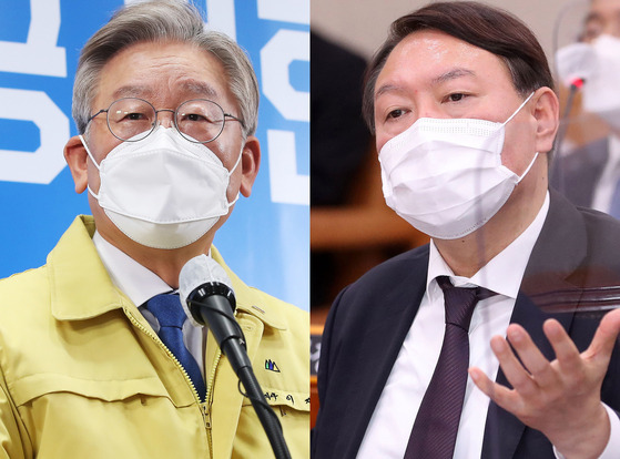 The ruling Democratic Party’s frontrunner Gyeonggi Governor Lee Jae-myung, left, and the opposition People Power Party’s frontrunner Yoon Seok-youl, former prosecutor general.