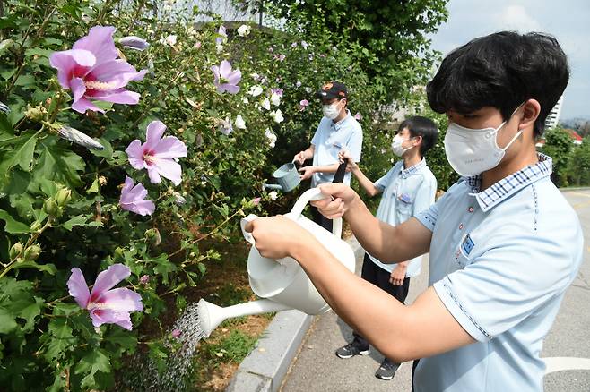 LG상록재단이 2023년까지 전국 1000개 학교에 무궁화 묘목을 무상으로 보급한다. 서울 오산고등학교 학생들이 무궁화 나무를 돌보는 모습.