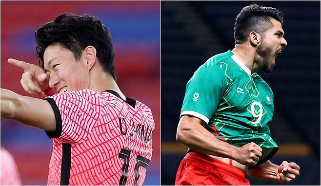 2020도쿄올림픽 남자 축구대표팀이 멕시코와 8강에서 만난다. 사진은 황의조(왼쪽)와 멕시코 대표 헨리 마틴. /사진=로이터