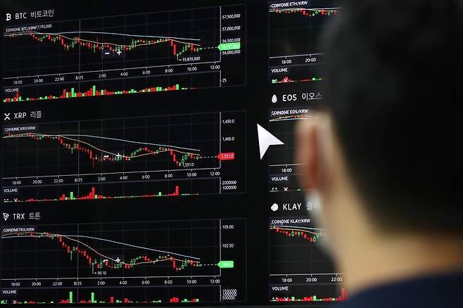 25일 서울 용산구 코인원 고객센터 모니터에 표시된 비트코인, 이더리움 등 가상화폐 시세. [연합]