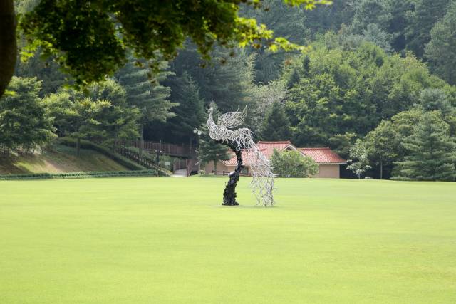 청남대 잔디밭에 세워진 봉황 조형물. 잔디밭은 원래 헬기장으로 쓰이던 곳이다.