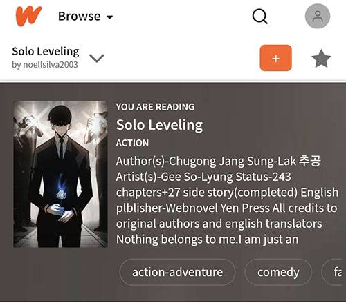 왓패드에 올라온 해적판으로 추정되는 `나 혼자만 레벨업` 영문소설