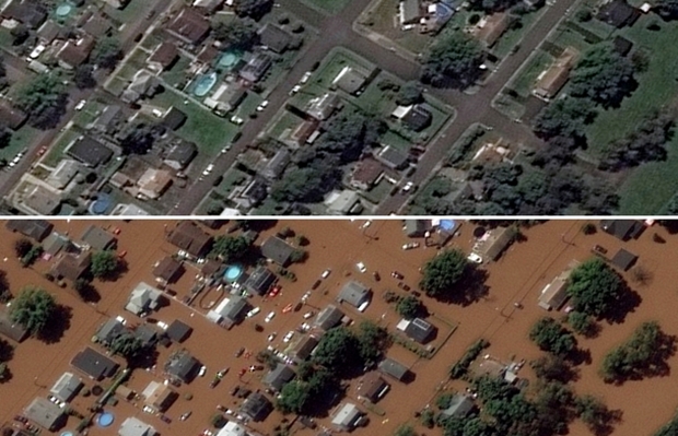 7월 14일과 9월 2일 미국 민간인공위성업체 맥사테크놀로지가 촬영한 뉴저지주 맨빌 지역의 모습. 1일 허리케인 ‘아이다’가 휩쓴 후 거대한 진흙탕으로 변해버렸다./로이터 연합뉴스
