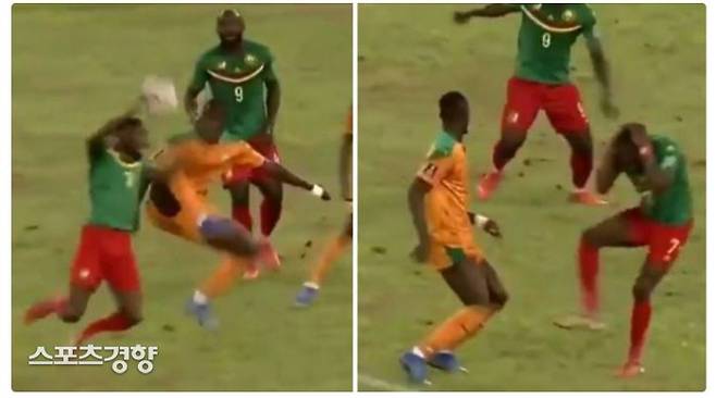 맨유 센터백 출신 코트디부아르 수비수 에릭 바이가 7일 카메룬과의 월드컵 예선에서 아찔한 날아차기로 경고를 받았다.