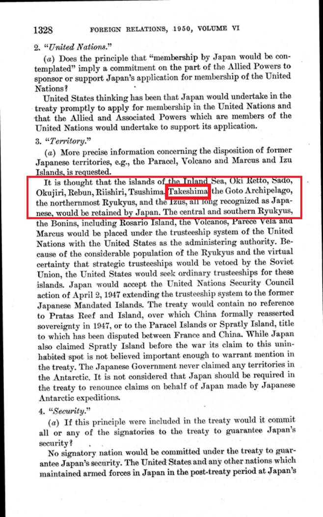 호주의 문의에 대한 미국국무부의 답변이 정리된 문서. 날짜가 명시돼 있지는 않지만 해당 문서에 첨부된 문서에는 1950년 10월 26일로 표기돼 있다. 독도 관련 붉은상자의 내용은 아래와 같이 번역된다. "내해의 도서들 즉, 오키레토, 사도, 오쿠지리, 레분, 리시리, 쓰시마, 타케시마, 고토 열도, 최북단 류큐스, 이즈스는 모두 오랫동안 일본의 영토로 인정되므로 일본 점유가 유지돼야 한다고 사료된다." 출처: 국무부FRUS