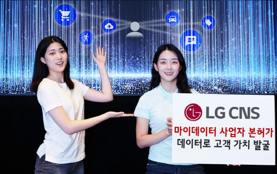 LG CNS 직원들이 데이터를 형상화한 본사 인피니티게이트 공간에서 마이데이터 사업을 소개하고 있다.  LG CNS 제공