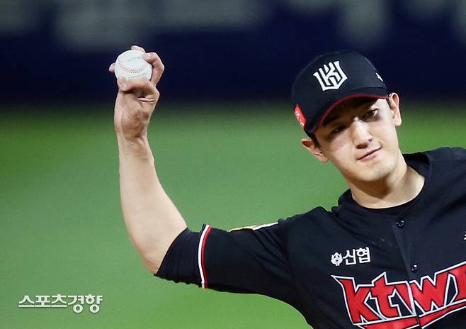 KT 고영표의 체인지업 그립. 포심 패스트볼처럼 실밥과 수직으로 손가락을 잡은 채 서클 체인지업 그립으로 던진다. | KT WIZ 제공