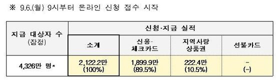 코로나 상생 국민지원금 지급 현황. 행정안전부 제공