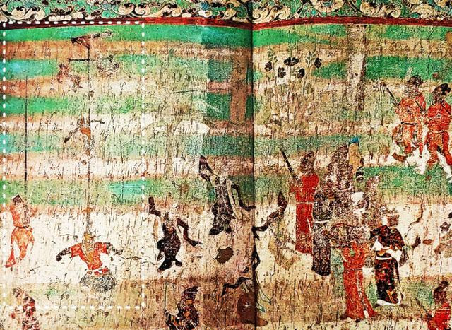 둔황 제156굴의 송국부인출행도 중 정간 곡예 그림(흰 점선 부분) . 둔황연구원이 발간한 화보에서 발췌 ⓒ최종명