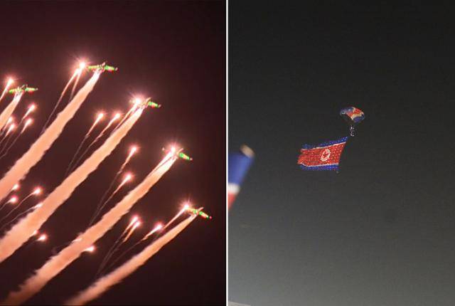 지난해 10월 평양 김일성광장에서 열린 당 창건 75주년 기념 열병식 도중 전투기 편대가 화려한 불꽃을 내뿜으며 축하 에어쇼를 하고 있다(왼쪽). 그에 비해 9일 열린 열병식에서는 에어쇼 대신 인공기를 매단 낙하산이 단출하게 축하 비행을 펼쳤다. 평양=조선중앙TV·노동신문 연합뉴스