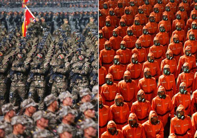 1월 평양 김일성광장에서 열린 당대회 기념 열병식에서 신무기로 중무장한 특수부대 병사들이 행진하고 있다(왼쪽)). 9일 새벽 열린 열병식에서는 무장하지 않은 채 주황색 방역복과 방독면 차림을 한 특별비상방역 종대가 등장했다. 평양=노동신문·조선중앙통신 연합뉴스