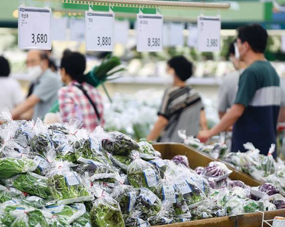 삼겹살보다 비싼 깻잎 - 추석을 앞두고 채소가격이 들썩이는 가운데 상추, 깻잎 가격이 국내산 냉장 삼겹살 가격을 추월한 것으로 나타났다. 12일 한국농수산식품유통공사에 따르면 10일 기준 청상추(100g)와 깻잎(100g)의 소매가격은 각각 2414원, 3059원으로 삼겹살(100g) 가격인 2360원을 앞질렀다. 이날 서울 시내의 한 대형마트 채소코너 모습.박윤슬 기자 seul@seoul.co.kr
