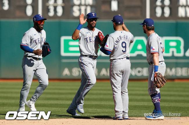 [사진] 텍사스는 2021년 9월 13일(한국시간) 미국 캘리포니아주 오클랜드 오클랜드 콜리세움에서 열린 ‘2021 메이저리그’ 오클랜드 어슬래틱스와 원정 경기에서 4-3 승리를 거뒀다. ⓒGettyimages(무단전재 및 재배포 금지)