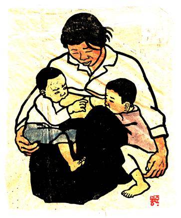 ▲<어머니와 아이> 목판화 1981년 김봉준 작 ⓒ김봉준