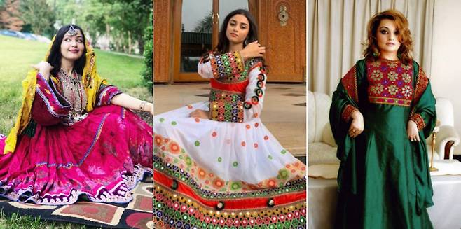 탈레반의 여성 복장 제한 규정에 맞서 아프가니스탄 여성들이 사회관계망서비스(SNS)에 화려한 아프간 전통 의상을 입은 사진을 올리고 있다. 아프간 여성 언론인과 인권운동가, 사학자(왼쪽부터)는 “이것이 아프간 여성의 모습”이라며 “검은색 부르카가 아프간 문화였던 적은 없다”고 썼다.  트위터 캡처