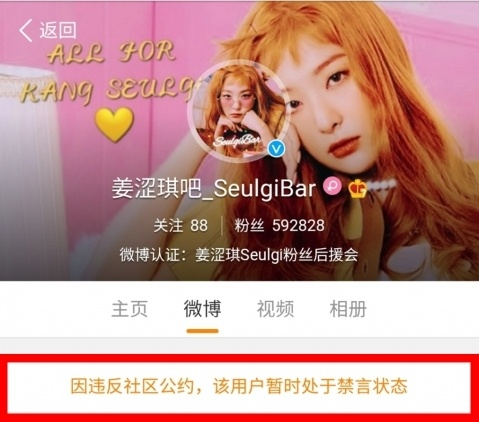 A fan club account for Seulgi of girl group Red Velvet on Weibo, which currently appears as suspended. [SCREEN CAPTURE]