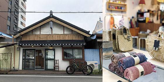 시간이 멈춘 듯한 규암리자온길 에 자리한 수공예 편집 숍 ‘부여서고’의 외관과 판매 중인 천연 염색 소품들