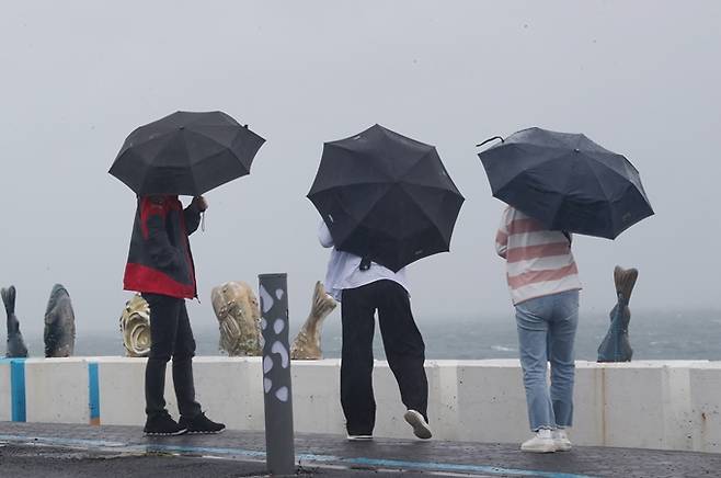 오는 15일은 제주도를 중심으로 많은 비가 내리는 가운데 중부지방은 맑을 것으로 보인다. 사진은 14일 제주시에서 우산을 쓴 채 이동하는 시민 모습. /사진=뉴스1