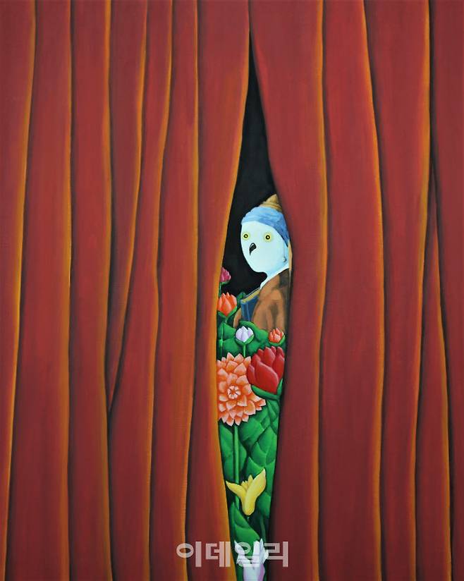 안윤모 ‘커튼 뒤에서’(Behind the Curtain·2021), 캔버스에 아크릴, 72×91㎝(사진=청화랑)