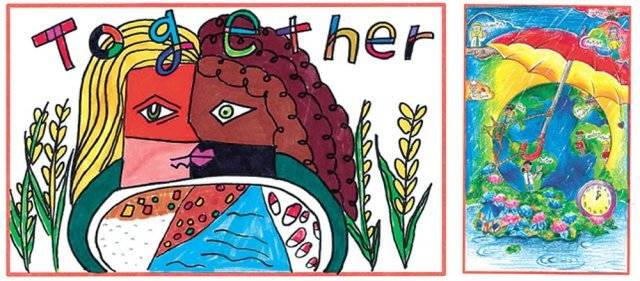 월드비전 엽서그리기 대회 대상작 당선혜 양(매포초 3학년)의 작품(왼쪽 사진)과 보건복지부장관상 정서윤 양(정천초 6학년)의 작품. 각각 ‘배고픔이 없는 세상’과 ‘우산이라는 꿈의 울타리’를 주제로 그렸다. 월드비전 제공