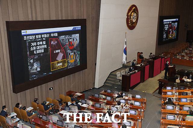 김의겸 열린민주당 의원이 16일 서울 여의도 국회 본회의에서 교육·사회·문화 분야 대정부질문에 나서 조선일보사와 사주 일가의 부동산 현황을 공개하고 있다. 김 의원은 "조선일보와 그 사주 일가가 보유한 부동산은 총 40만여 평으로 시가 2조 5000억 원 규모"라며 언론사·사주의 재산을 공개하는 법안을 발의하겠다고 밝혔다. /국회=남윤호 기자