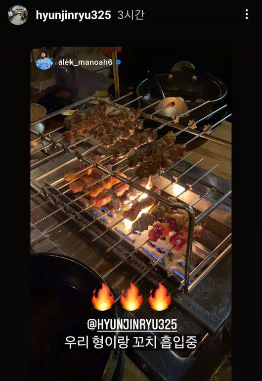 [사진] 토론토 블루제이스 우완 알렉 마노아(23)가 류현진(34)과 함께 식사하는 시간을 공유했다. / 알렉 마노아 SNS