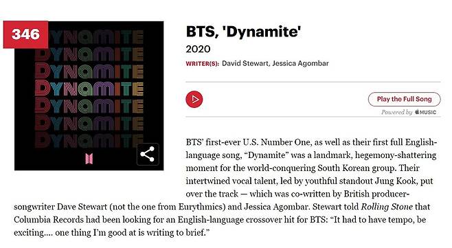 롤링스톤 '베스트송 500'에 오른 BTS '다이너마이트' [롤링스톤 홈페이지 캡처, 재판매 및 DB 금지]