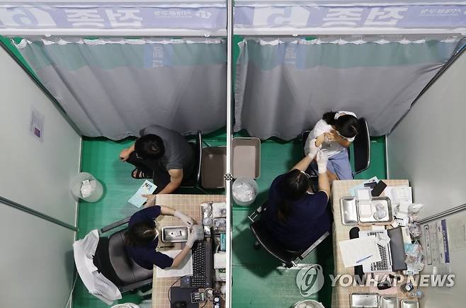 백신 맞는 시민들 (서울=연합뉴스) 이정훈 기자 = 15일 오후 서울 서대문구 북아현문화체육센터에 마련된 코로나19 예방접종센터에서 시민들이 백신을 맞고 있다.
    정부의 목표인 '1차 접종률 70%'까지는 3.8%, 약 202만 명 정도 남은 상태로 지난 13일 하루 1차 접종자가 82만5천438명인 점을 고려하면 2∼3일 이내에 70%를 돌파할 가능성이 있다. 2021.9.15 uwg806@yna.co.kr