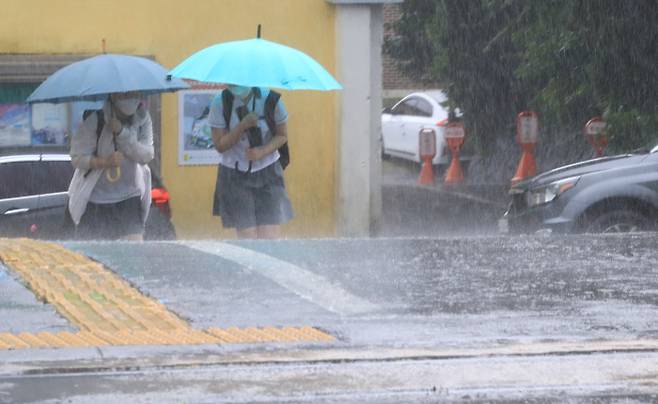 제주도 육상에 태풍주의보가 내려진 16일 오후 서귀포여고 학생들이 우산을 쓰고 학교를 나서고 있다. 연합뉴스