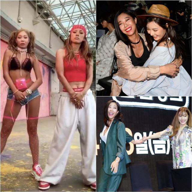 인기가 높아지면서 스타들과의 친분도 두터워지고 있다. '눈누난나' 챌린지에 함께한 이효리, 한 행사장에서 같은 소속사 현아와 포옹하고 있는 모습, 티파니영와 손잡고 걷는 모습.(왼쪽부터 시계방향). 제시 인스타그램, 스포츠조선DB
