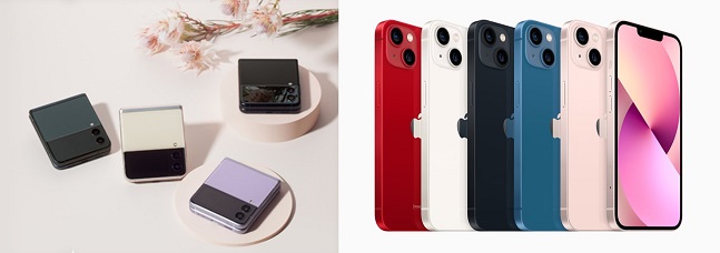 삼성전자 갤럭시Z 시리즈(왼쪽)와 애플 아이폰13(오른쪽)./사진=각사 제공