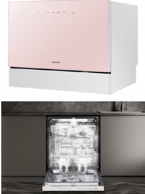 삼성전자 ‘비스포크 식기세척기 카운터탑’(위)과 LG전자 디오스 식기세척기 스팀