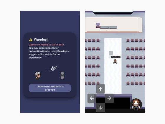 개더타운은 아직 웹 환경에서만 전체 서비스를 이용할 수 있다. 모바일에선 베타버전이 운영되고 있는데, 접속하면 왼쪽 이미지처럼 '모바일에서 정상 작동되지 않는다'는 안내가 뜬다. 오른쪽 이미지는 모바일 개더타운 이미지다. [사진 김종훈, 개더타운 캡처]
