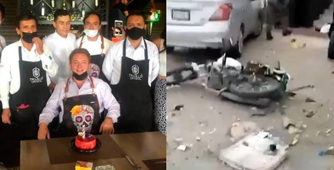폭탄테러를 당하기 직전 생일파티 중이던 사상자 일부와 테러 현장