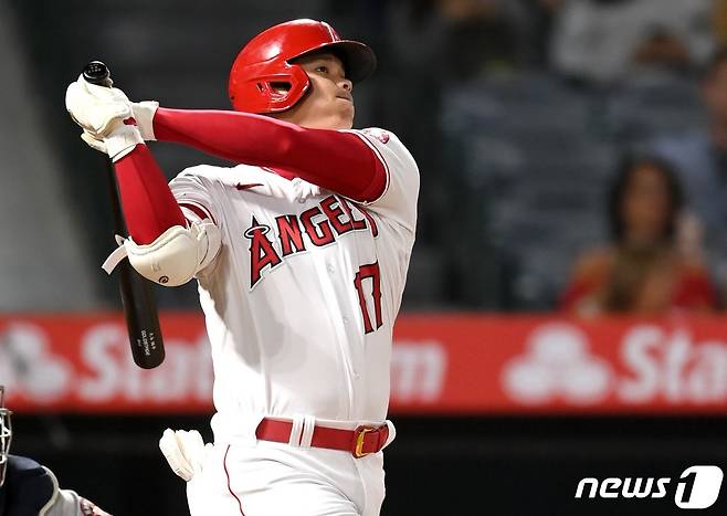 오타니 쇼헤이가 22일 휴스턴 애스트로스전에서 홈런를 추가, 시즌 45호 홈런을 기록했다. © AFP=뉴스1