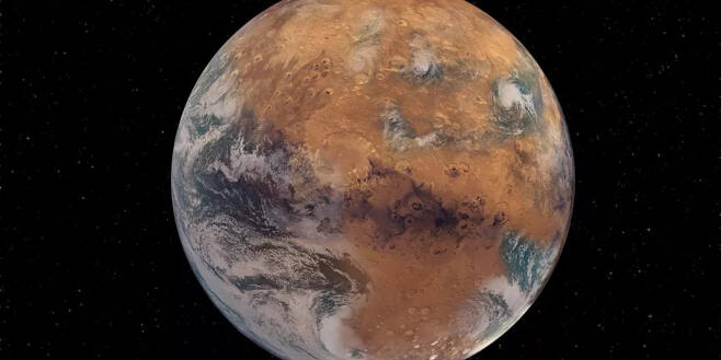 고대 화성에는 지구와 같은 바다가 북반구의 상당 부분을 덮고 있었다. 새 연구는 이 바다가 사라진 것은 화성의 덩치가 너무 작아 약한 중력으로는 물을 표면을 잡아둘 수 없었기 때문임을 밝혀냈다.(출처 : NASA Earth Observatory/Joshua Steven)