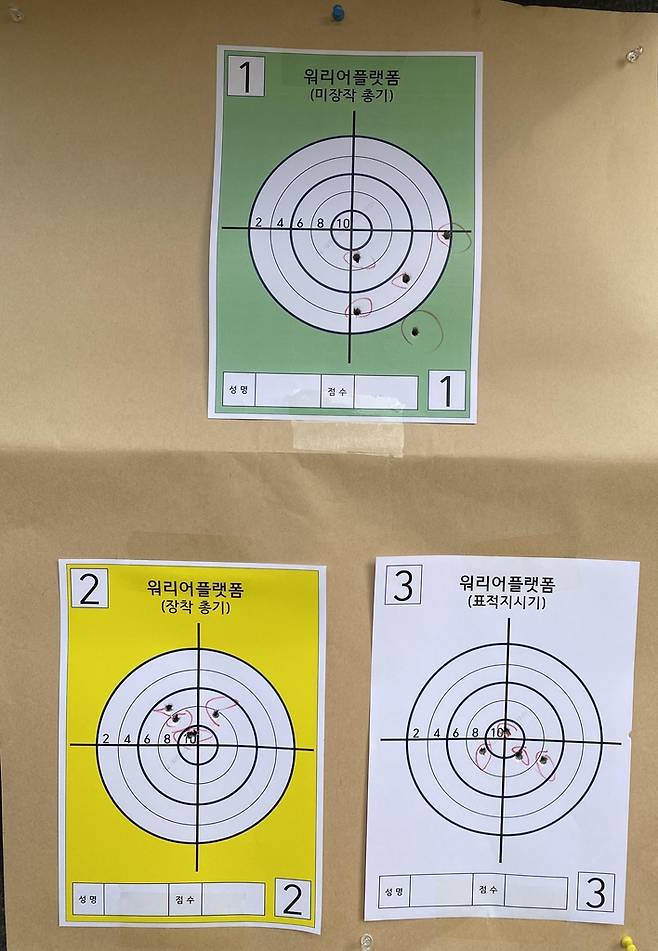 기존 소총 vs 워리어플랫폼 장착 사격결과 (인제=연합뉴스) 정빛나 기자 = 육군은 지난 16일 강원도 인제에 있는 육군 과학화전투훈련단(KCTC) 훈련장에서 취재진이 미래형 지상전투체계를 직접 체험할 수 있도록 현장을 공개했다. 사진 위쪽은 기존대로 '육안 사격'을 한 과녁이고, 아래 두 개는 워리어플랫폼 장착 후 사격한 결과다. 워리어플랫폼 장착 시 명중률이 상대적으로 높았다. 2021.9.22 shine@yna.co.kr