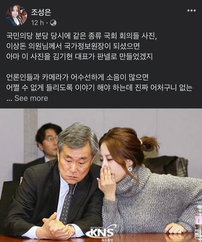 조성은씨가 박지원 국정원장과의 특수관계를 주장한 야권을 겨냥해 이상돈 전 의원과 찍은 사진을 공개하며 반박에 나섰다. (사진=조성은 SNS)