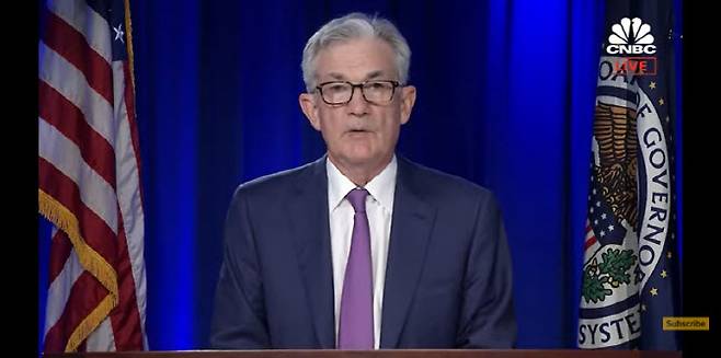 제롬 파월 미국 연방준비제도(Fed) 의장이 21~22일(현지시간) 9월 연방공개시장위원회(FOMC) 정례회의 후 기자회견에서 발언하고 있다. (출처=CNBC)