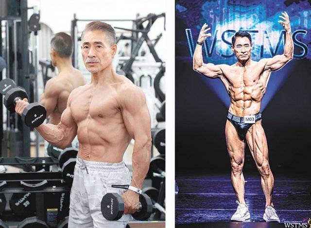 조우순 부회장이 서울 목동 에스짐파리공원점에서 근육운동을 하고 있다(왼쪽 사진). 월드스포츠탑모델쇼에서 연기를 하고 있는 모습. 조 부회장은 보디빌딩 지도자로 제2의 인생을 살고 있다. 이훈구 기자 ufo@donga.com·조우순 부회장 제공