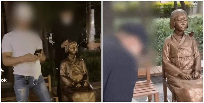 최근 외국인들이 동영상 플랫폼 틱톡을 통해 소녀상에 장난을 치는 영상을 게재해 비판을 받았다. 비판을 받자 결국 이들은 사과하는 영상을 찍어 올렸다. /사진=틱톡 캡처