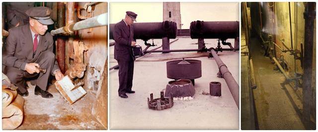 앨커트래즈 교도소 간수가 구멍이 뚫린 감방 벽(왼쪽 사진)과 수감자들의 탈출 통로인 옥상 환풍구(가운데 사진)를 살피고 있다. 오른쪽 사진은 감방 뒷면에 위치한 설비 통로. 앨커트래즈역사 홈페이지