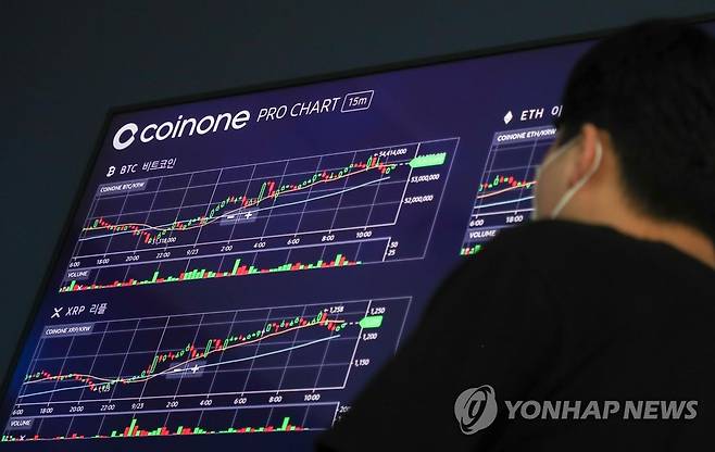 (서울=연합뉴스) 류효림 기자 = 국내 암호화폐 거래소 시세 현황판 [연합뉴스 자료사진]
