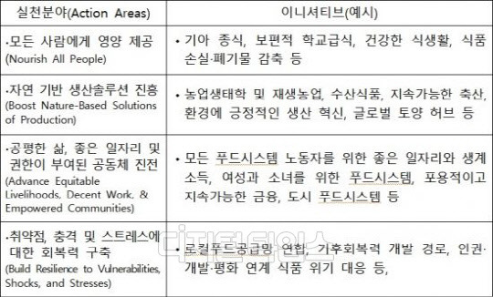 지난 23~24일 양일 간 열린 유엔푸드시스템 정상회의를 준비하는 1년 6개월 동안 회원국에 제시된 푸드시스템 전환을 위한 이니셔티브. 농림축산식품부 제공.