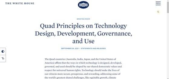 쿼드 정상회의 결과물로 도출한 '기술의 디자인, 개발, 관리, 사용에 대한 쿼드의 원칙'. 백악관 홈페이지 캡처