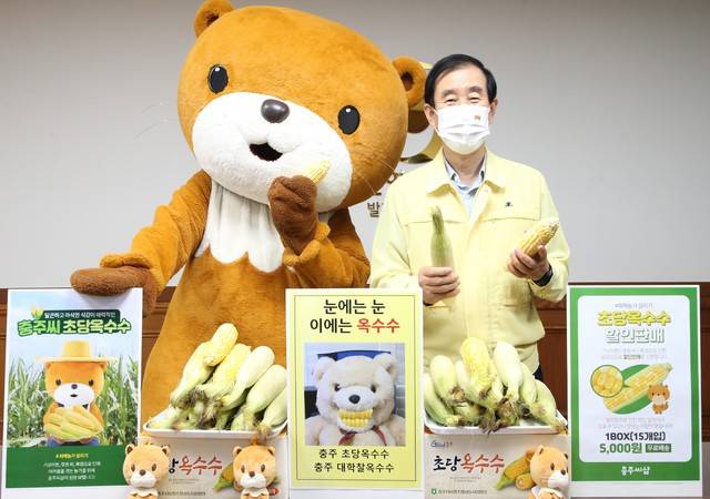 [충주=뉴시스] 이병찬 기자 = 충북 충주시 온라인몰 충주씨샵에 출연한 조길형 충주시장이 농산물캐릭터 충주씨와 함께 초당옥수수 판촉에 나서고 있다.(사진=충주시 제공) 2021.07.22. photo@newsis.com *재판매 및 DB 금지