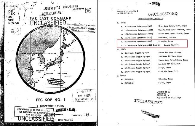 문서1. 노틸러스연구소(nautilus.org)가 정보공개청구로 확보해 공개한 '극동군사령부 운용절차'의 표지(좌)와 핵무기 남한배치 장소가 적힌 '수송'편의 부속문서(우). 부속문서의 핵무지 배치장소로 극동육군 소속 제8 병기판견대가 있는 '의정부', 제24 병기파견대가 있는 '안양리'가 폭탄무기배치(EOD, Explosive Ordnance Disposal) 장소로 지정돼 있다.(붉은상자)