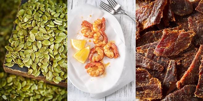 (왼쪽부터)호박씨, 새우, 육포. 게티이미지뱅크